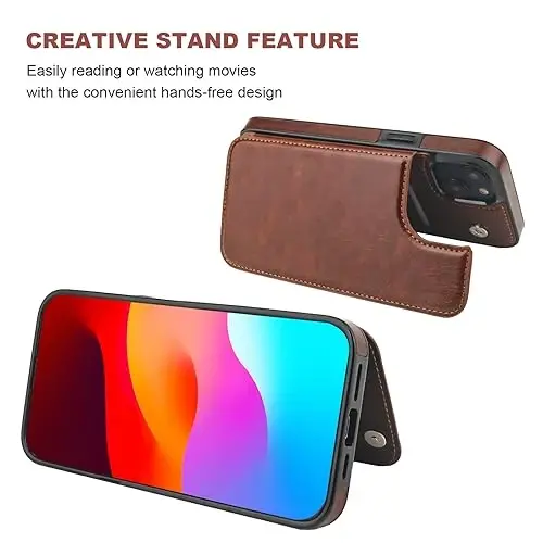 ONETOP iPhone 15 Plus uchun mos, kartalar uchun hamyonli g‘ilof, PU charm oyoq tirgakli, kartalar uchun joyli g‘ilof, qo‘sh magnit qisqich va zarbaga chidamli bardoshli qopqoq 6,7 dyuym (jigarrang) - 4