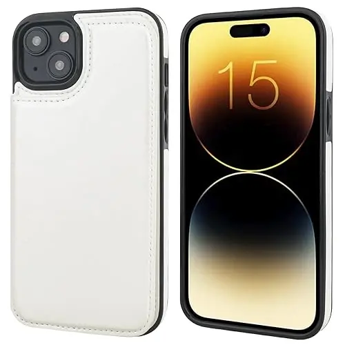 ONETOP iPhone 15 Plus uchun mos keladigan hamyonli g‘ilof, kartalar uchun joyi bor PU charm stendli g‘ilof, qo‘shaloq magnit qisqich va zarbaga chidamli bardoshli qopqoq 6,7 dyuym (oq) - 2