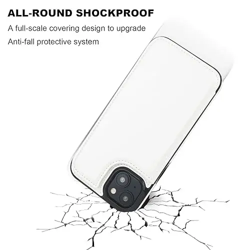 ONETOP iPhone 15 Plus uchun mos keladigan hamyonli g‘ilof, kartalar uchun joyi bor PU charm stendli g‘ilof, qo‘shaloq magnit qisqich va zarbaga chidamli bardoshli qopqoq 6,7 dyuym (oq) - 5