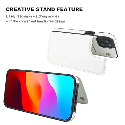 ONETOP iPhone 15 Plus uchun mos keladigan hamyonli g‘ilof, kartalar uchun joyi bor PU charm stendli g‘ilof, qo‘shaloq magnit qisqich va zarbaga chidamli bardoshli qopqoq 6,7 dyuym (oq) - 4