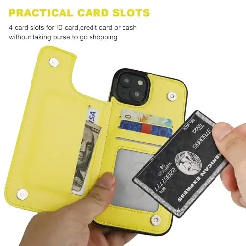 ONETOP iPhone 15 Plus uchun mos keluvchi hamyonli g‘ilof, karta ushlagichli, PU teri tayanchli karta uyali g‘ilof, ikkita magnitli qisqich va zarbaga chidamli bardoshli qopqoq 6,7 dyuym (sariq) - 4