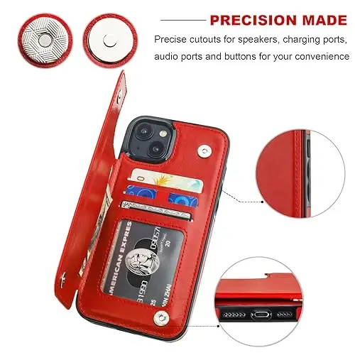 ONETOP iPhone 15 Plus uchun mos keluvchi hamyonli g‘ilof, kartalar uchun joyli PU teri o‘rnatgichi, qo‘shaloq magnit qisqichi va zarbaga chidamli mustahkam 6,7 dyuymli qopqoq (Qizil) - 6