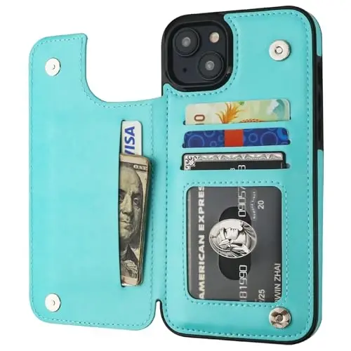 ONETOP Compatible with iPhone 15 Plus Wallet Case with Card Holder, PU Leather Kickstand Card Slots Case, Double Magnetic Clasp and Durable Shockproof Cover 6.7 Inch (Light Blue) - 6