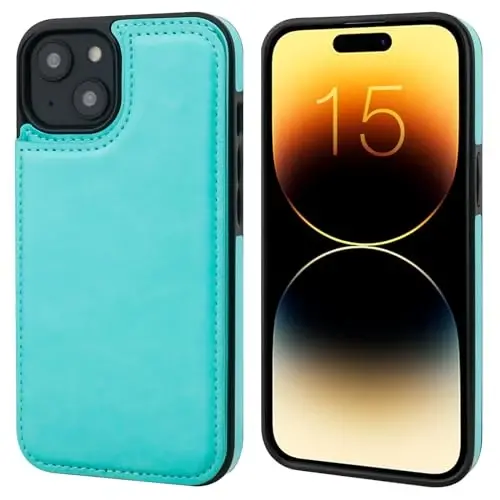 ONETOP Compatible with iPhone 15 Plus Wallet Case with Card Holder, PU Leather Kickstand Card Slots Case, Double Magnetic Clasp and Durable Shockproof Cover 6.7 Inch (Light Blue) - 8