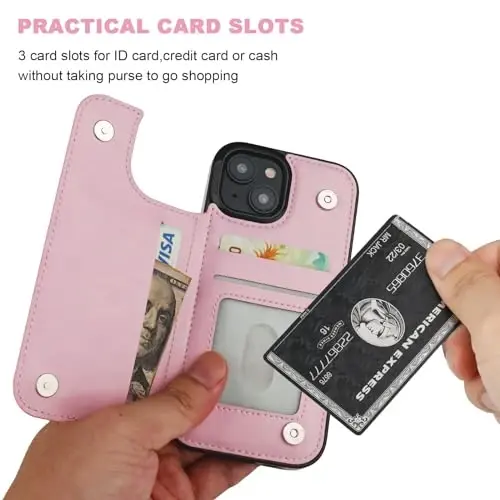 ONETOP iPhone 15 uchun mos keladigan hamyon g‘ilofi, karta ushlagichi, PU teri tayanchi, karta uchun uyalar, qo‘shaloq magnit qisqich va zarbaga chidamli bardoshli g‘ilof 6,1 dyuym (pushti) - 4