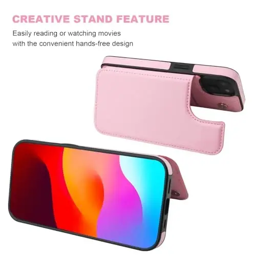 ONETOP iPhone 15 uchun mos keladigan hamyon g‘ilofi, karta ushlagichi, PU teri tayanchi, karta uchun uyalar, qo‘shaloq magnit qisqich va zarbaga chidamli bardoshli g‘ilof 6,1 dyuym (pushti) - 5