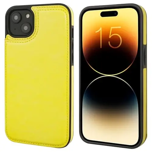 ONETOP Совместимый с iPhone 15 Plus Чехол-бумажник с держателем для карт, чехол с подставкой из искусственной кожи, отделения для карт, двойная магнитная застежка и прочная противоударная крышка 6,7 дюйма (желтый) - 3