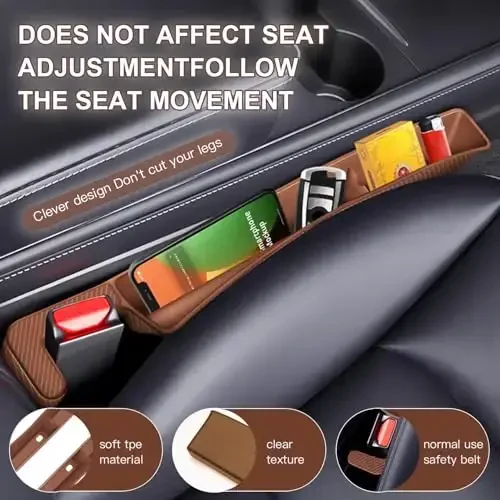 ONISMEZ 2PCS Car Seat Gap Filler Organizer,Multifunctional Car Gap Fillers with USB and Phone Holder, Universal Car Seat Storage Organizer Between Seats for Phone, Keys, Eyeglasses(Brown) - 4