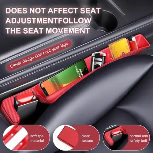 ONISMEZ 2PCS Car Seat Gap Filler Organizer,Multifunctional Car Gap Fillers with USB and Phone Holder, Universal Car Seat Storage Organizer Between Seats for Phone, Keys, Eyeglasses(Red) - 4
