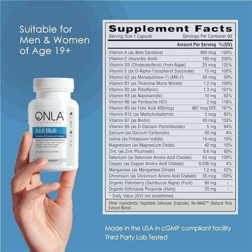 ONLA Elderberry Supplements for Women 80mg - Vegan Multivitamins for Immune Support with Echinacea 20mg, Zinc, Vitamin A,C, D3, & B6 - Non-GMO, Gluten-Free Daily Capsules- 3 Month Supply-Made in USA - 4