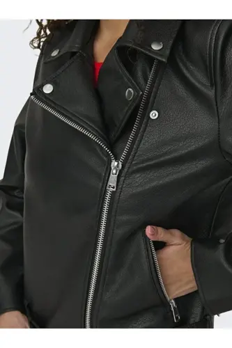 ONLMILLE 15357332 Siyah Kadın Deri Ceket-BLACK/SİYAH - 4
