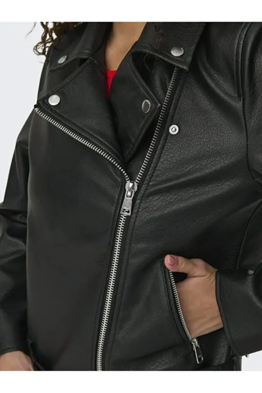 ONLMILLE 15357332 Siyah Kadın Deri Ceket-BLACK/SİYAH - 4