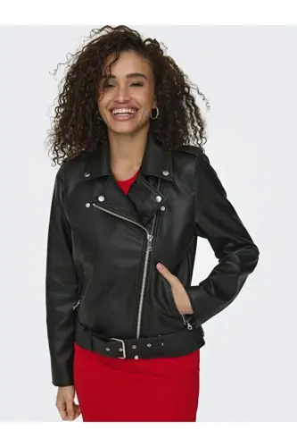 ONLMILLE 15357332 Siyah Kadın Deri Ceket-BLACK/SİYAH - 5