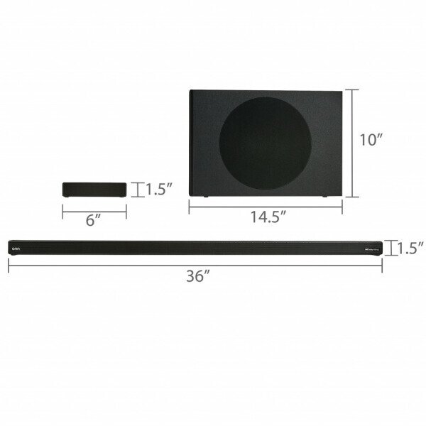 onn. 5.1 Ultra-Slim Surround Soundbar System with Dolby Atmos, Wireless Subwoofer and Wireless Satellite Speakers, 36
