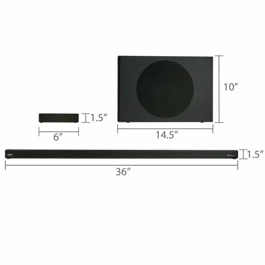 onn. 5.1 Ultra-Slim Surround Soundbar System with Dolby Atmos, Wireless Subwoofer and Wireless Satellite Speakers, 36