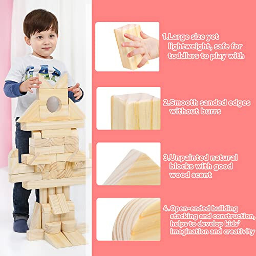 Onshine Large Wooden Blocks for Toddlers 1-3, 64 Pieces Big Wood Building Blocks Set with Wooden Storage Box, Large Toddler Blocks Building and Stacking Toys Construction Set - 4