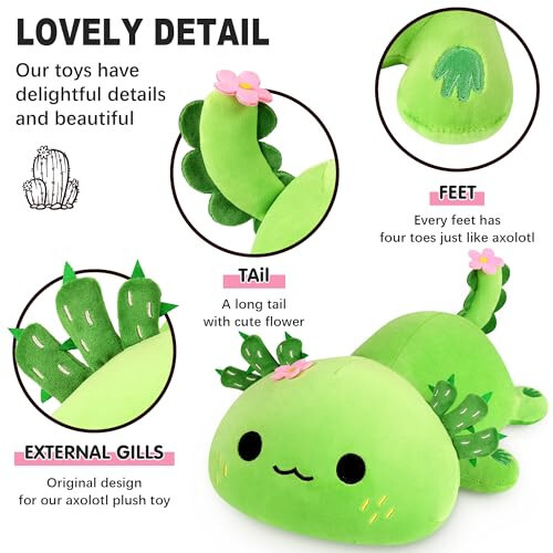 Onsoyours Sevimli Axolotl Peluş, Yumuşak Doldurulmuş Hayvan Semender Peluş Yastık, Çocuklar İçin Kawaii Peluş Oyuncak (Axolotl Kaktüs, 13 inç) - 24