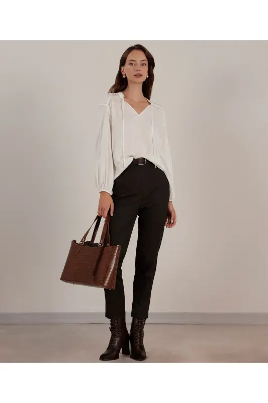 Önü Bağlamalı Bluz-BEYAZ - 2