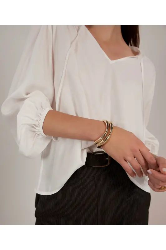 Önü Bağlamalı Bluz-BEYAZ - 4