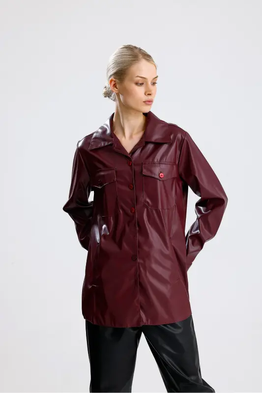 Önü Cepli Düğmeli U Kol Deri Gömlek GML33163 Bordo-Bordo - 1
