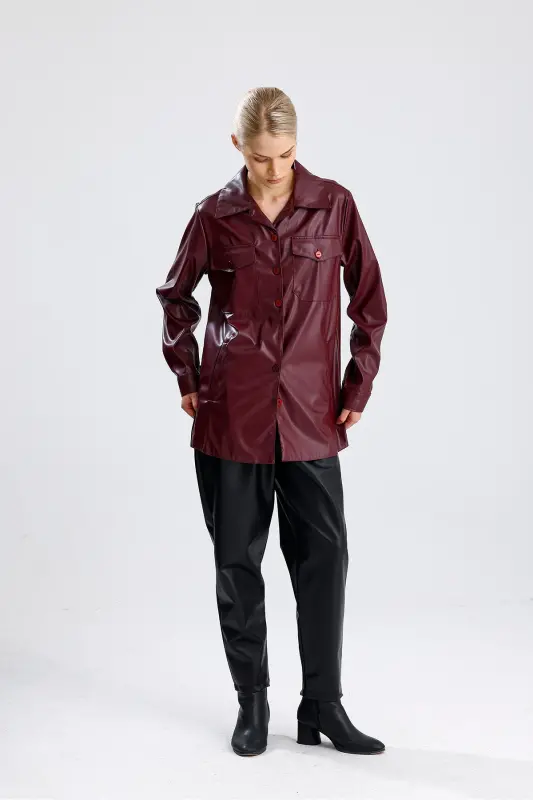 Önü Cepli Düğmeli U Kol Deri Gömlek GML33163 Bordo-Bordo - 7