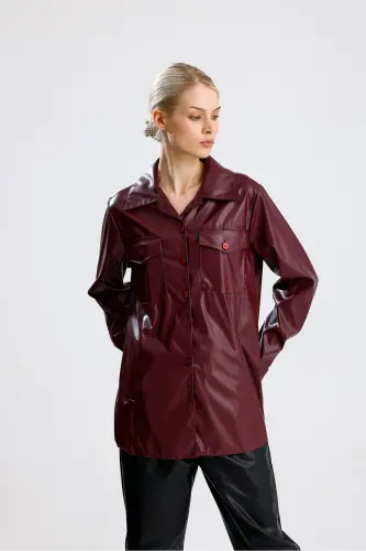 Önü Cepli Düğmeli U Kol Deri Gömlek GML33163 Bordo-Bordo 