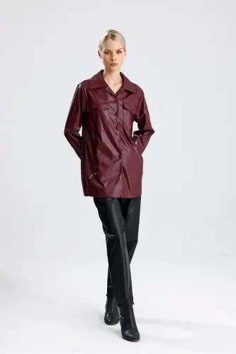 Önü Cepli Düğmeli U Kol Deri Gömlek GML33163 Bordo - Bordo - 3