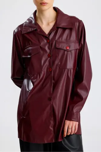 Önü Cepli Düğmeli U Kol Deri Gömlek GML33163 Bordo - Bordo - 4