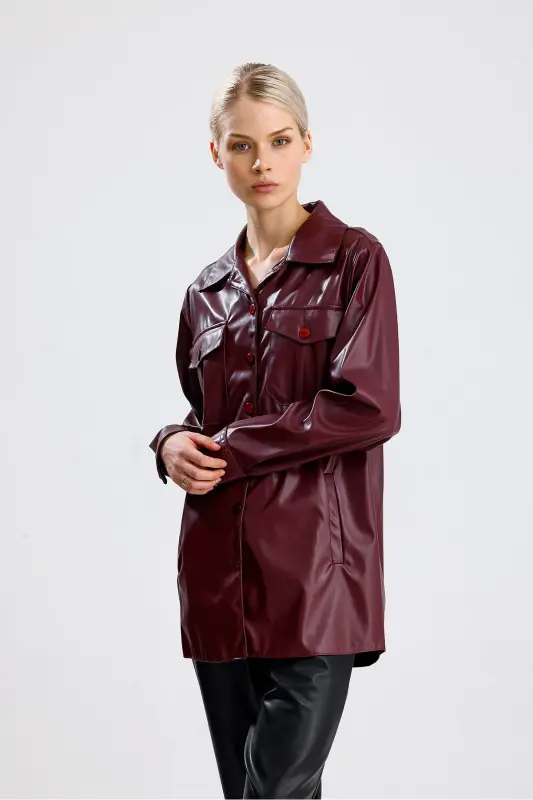 Önü Cepli Düğmeli U Kol Deri Gömlek GML33163 Bordo-Bordo - 2