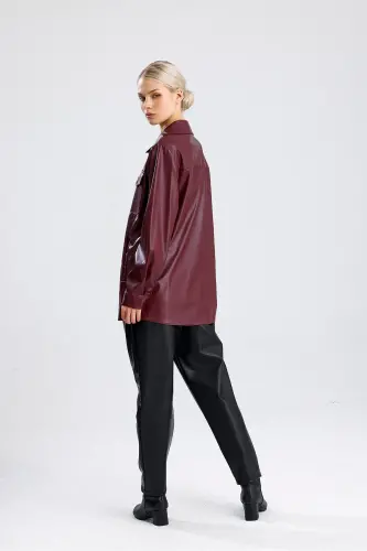 Önü Cepli Düğmeli U Kol Deri Gömlek GML33163 Bordo-Bordo - 5