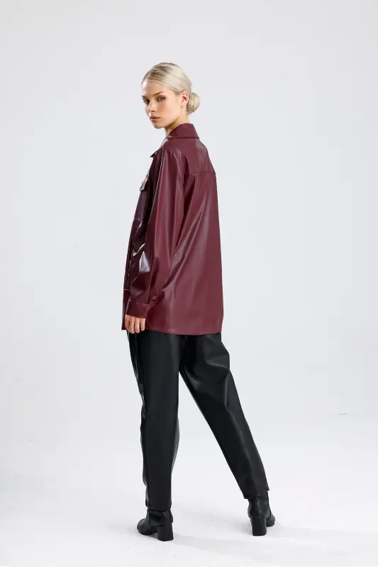 Önü Cepli Düğmeli U Kol Deri Gömlek GML33163 Bordo-Bordo - 5