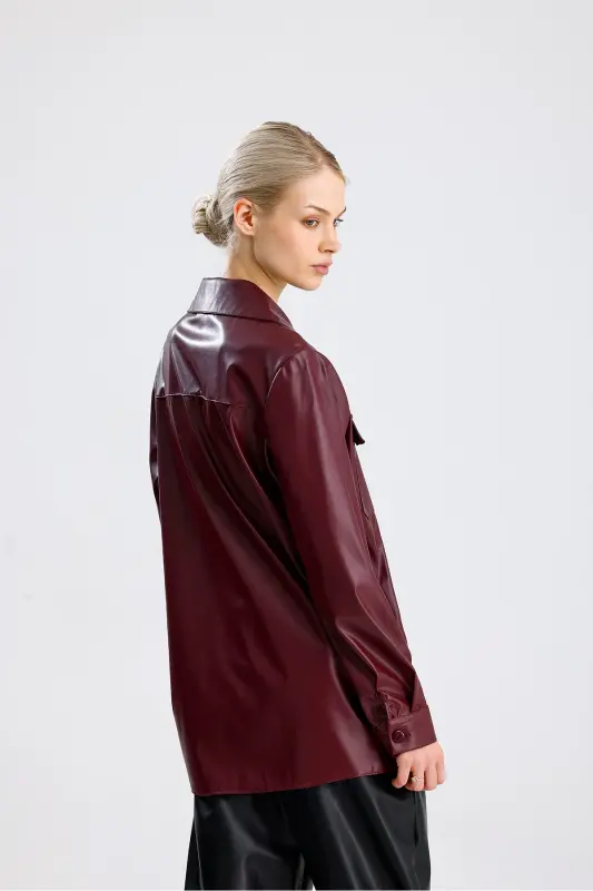 Önü Cepli Düğmeli U Kol Deri Gömlek GML33163 Bordo-Bordo - 6