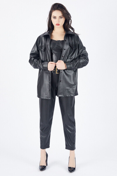 Önü Cepli Düğmeli U Kol Deri Gömlek Gml33163 Siyah-Siyah - 24