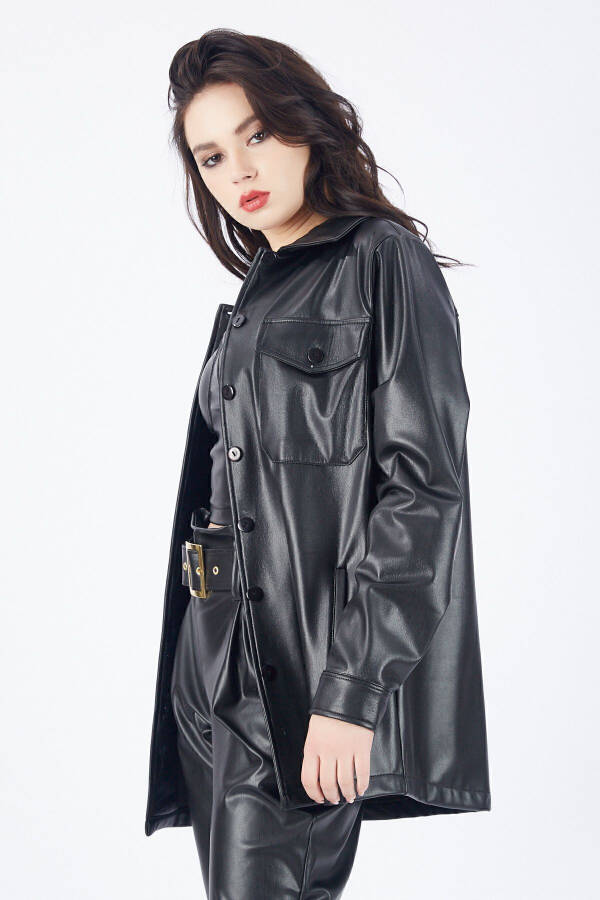 Önü Cepli Düğmeli U Kol Deri Gömlek Gml33163 Siyah-Siyah - 4