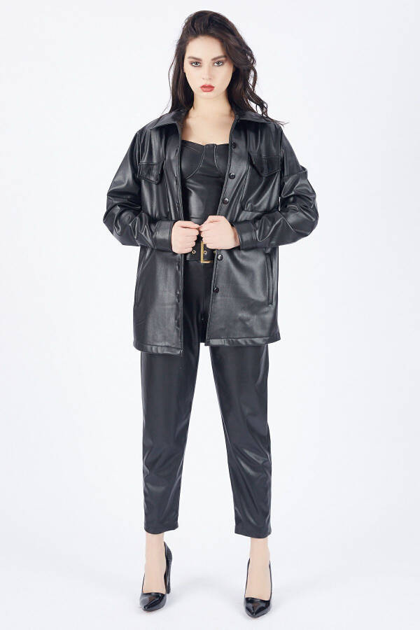 Önü Cepli Düğmeli U Kol Deri Gömlek Gml33163 Siyah-Siyah - 6