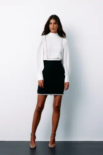 Önü Taş Detaylı Bluz - Ekru-EKRU - 1