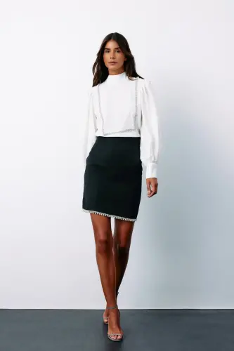 Önü Taş Detaylı Bluz - Ekru-EKRU - 3