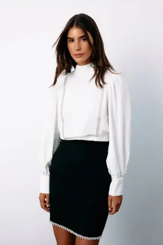 Önü Taş Detaylı Bluz - Ekru-EKRU - 4