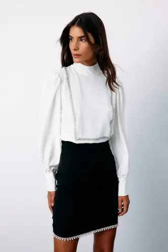 Önü Taş Detaylı Bluz - Ekru-EKRU - 5