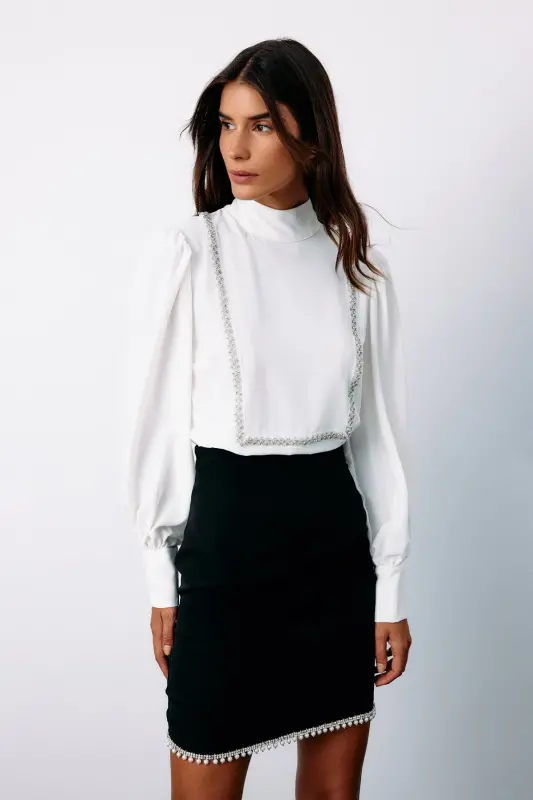 Önü Taş Detaylı Bluz - Ekru-EKRU - 5