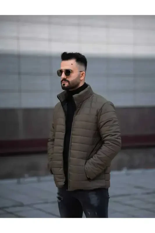 ONURMEN YENGI SEZON Erkaklar Qora Shishirilgan Astarli Palto Kurtka-Haki - 1