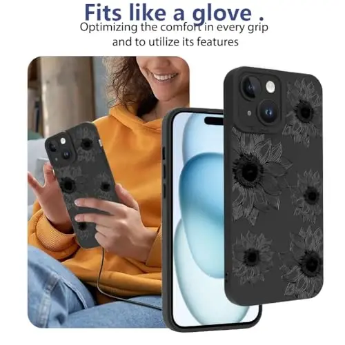 OOK Чехол с цветочным принтом для iPhone 15 Plus, милые черные подсолнухи | Мягкий TPU, ударопрочный защитный чехол для женщин и девушек - OOK