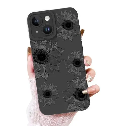 OOK Floral case for iPhone 15 Case, Cute Sunflower Floral Blooms Design Soft TPU Shockproof Protective for Women Girls Phone Cover - Black Flower - 1