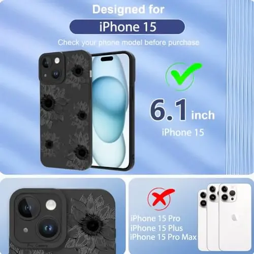 OOK Floral case for iPhone 15 Case, Cute Sunflower Floral Blooms Design Soft TPU Shockproof Protective for Women Girls Phone Cover - Black Flower - 2