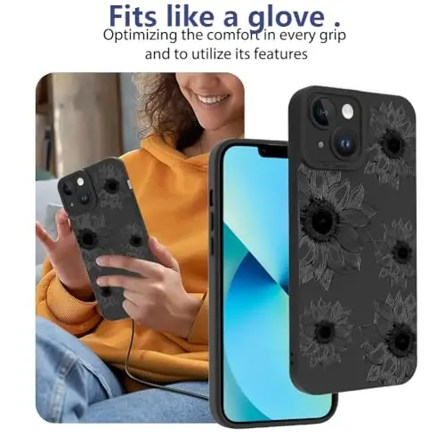 OOK Floral Case для iPhone 13, милый чехол с черными подсолнухами | Мягкий TPU, ударопрочный защитный чехол с цветами для женщин и девушек 
