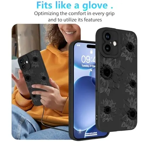 OOK Floral Case для iPhone 17, милый чехол с черными подсолнухами | Мягкий TPU, ударопрочный защитный цветочный чехол для женщин и девушек 