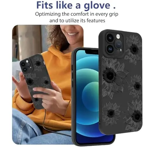 OOK Floral Case for iPhone 12 Pro, Cute Black Sunflower Blooms | Soft TPU, Shockproof Protective Flower Phone Cover for Women Girls - 1