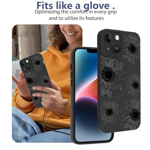 OOK Floral Case for iPhone 14, Cute Black Sunflower Blooms | Soft TPU, Shockproof Protective Flower Phone Cover for Women Girls - OOK