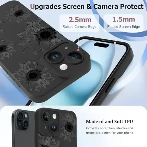 OOK Floral case for iPhone 15 Кейси, гулдорнинг гүл очгуч намунасида ишланган, аёллар ва қизлар учун юмшоқ ТПУ ударга чидамли ҳимоя қилувчи телефон қопламаси - қора гул - 3
