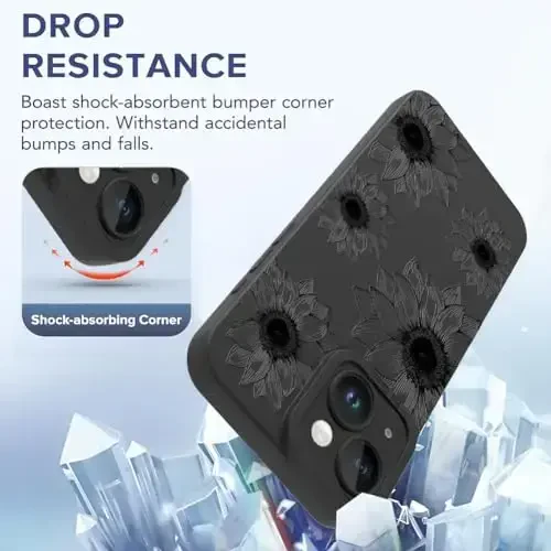 OOK Floral case for iPhone 15 Кейси, гулдорнинг гүл очгуч намунасида ишланган, аёллар ва қизлар учун юмшоқ ТПУ ударга чидамли ҳимоя қилувчи телефон қопламаси - қора гул - 5